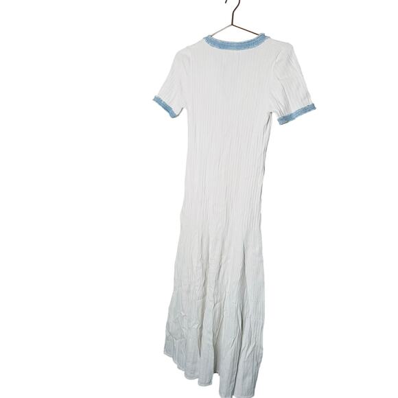 SANDRO Alecia White Blue Ribbed Raw Denim Hem Gold Buttons Dress Size Small - Picture 5 of 11